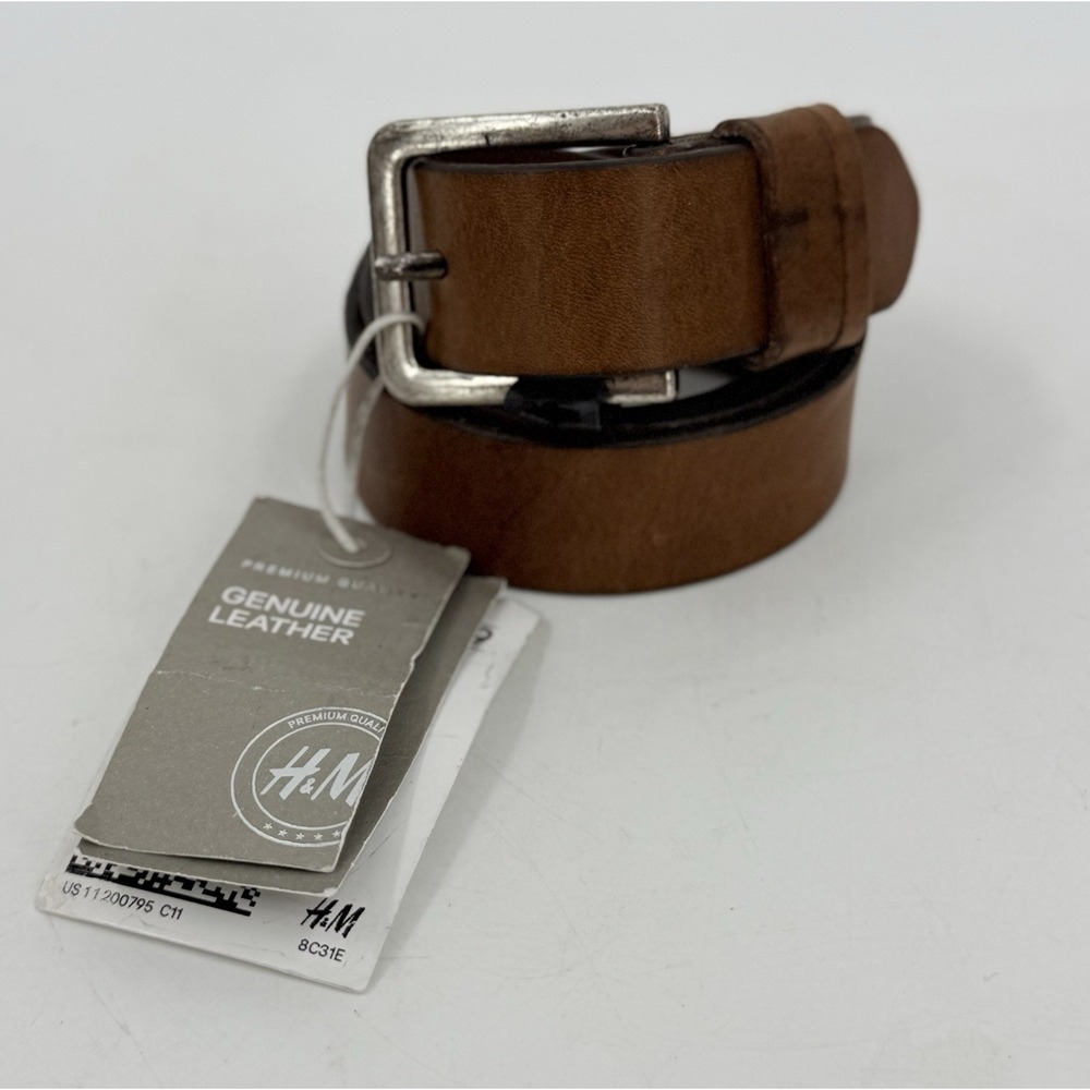 H&M Leather Belt Brown Made in Sweden Classic Mens 33-34" Silver Buckle NWT NEW